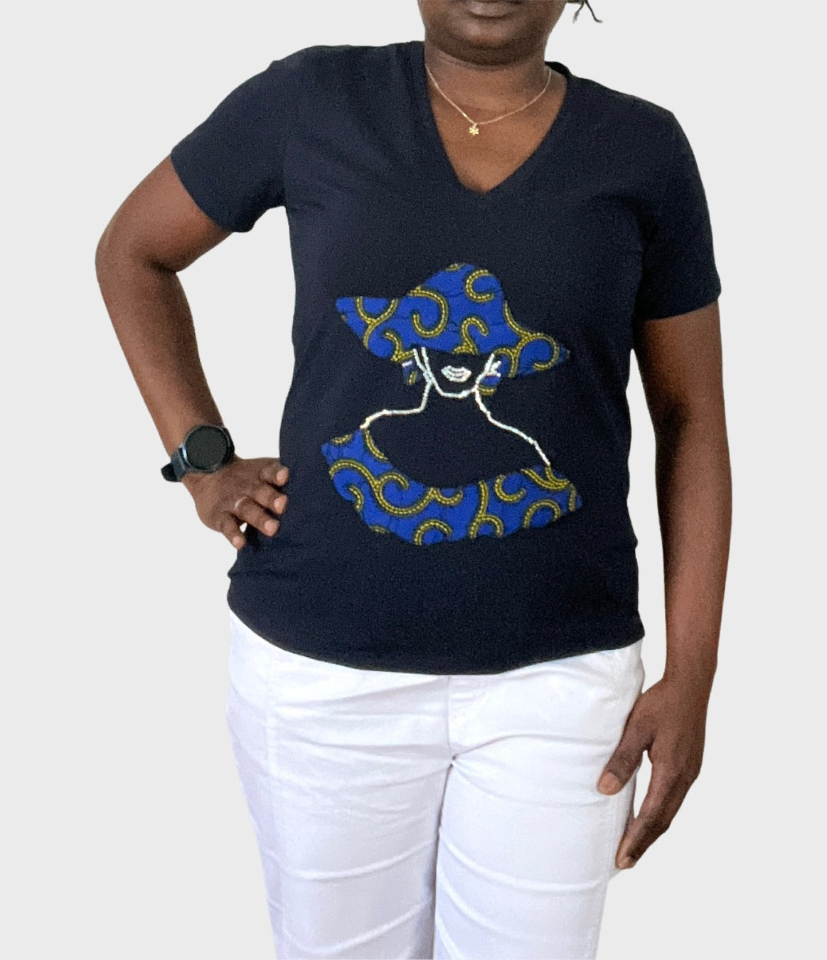 Schwarzes Damen T-Shirt mit Applikation aus Afrikanischen